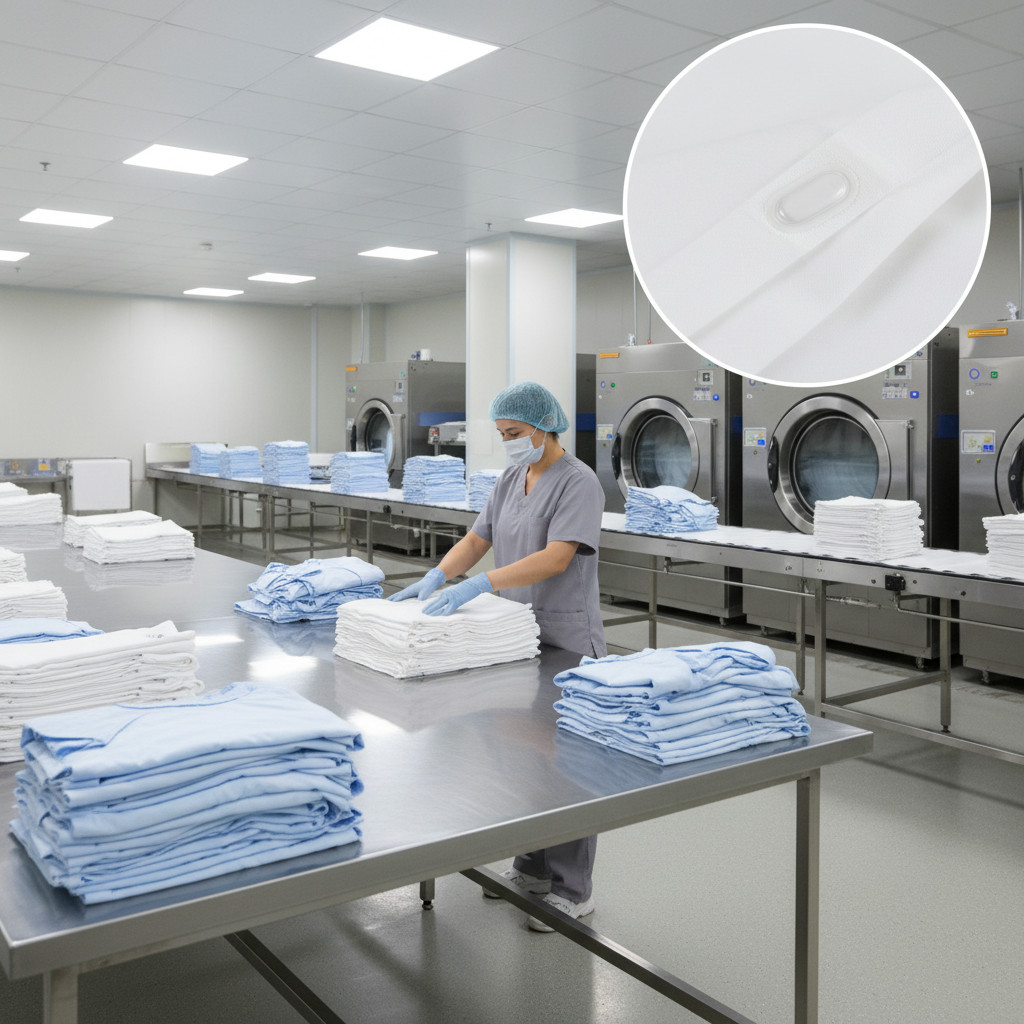 Hospital laundry sorting area with sewn-in RFID tag capsule