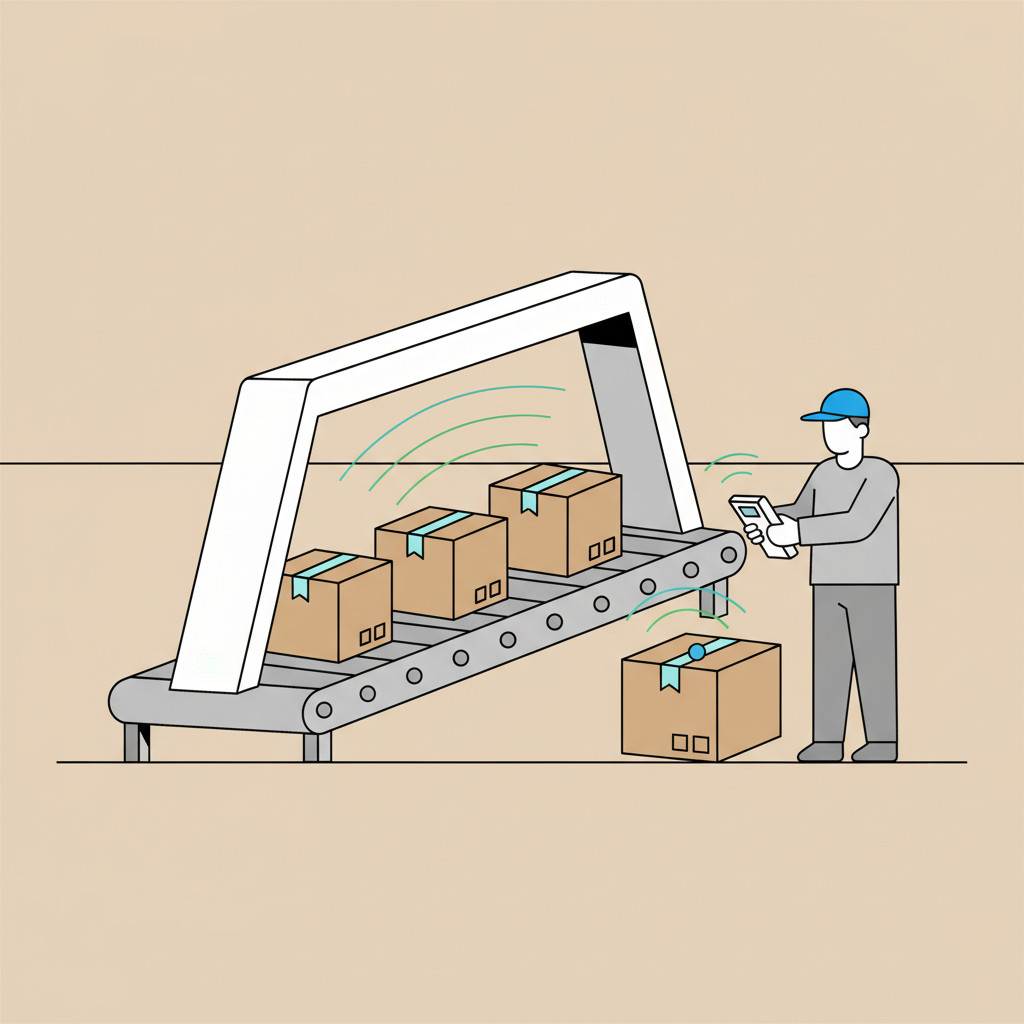 RFID portal and handheld reader scanning boxes