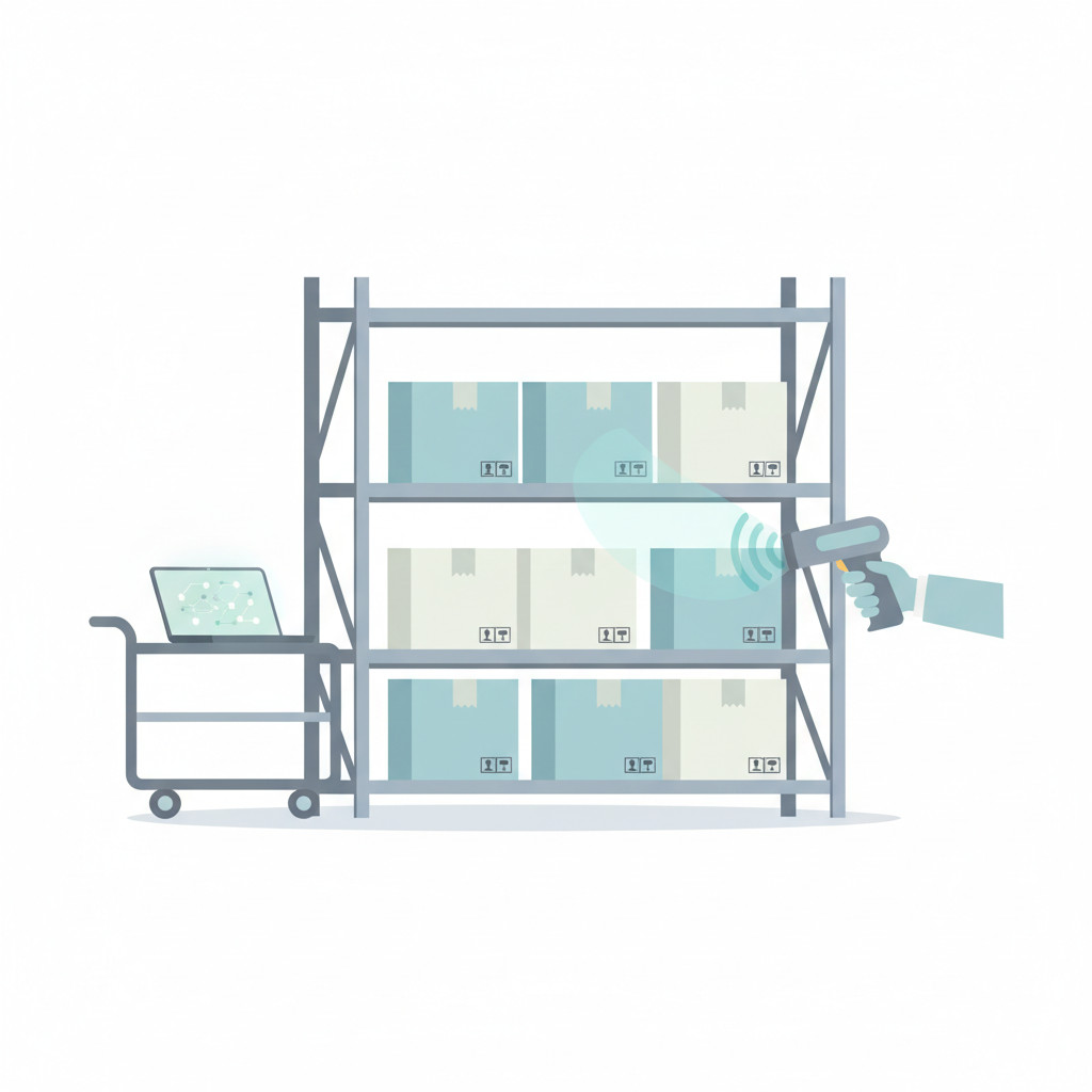 Illustration of RFID item tracking in a warehouse showing tags, reader and laptop