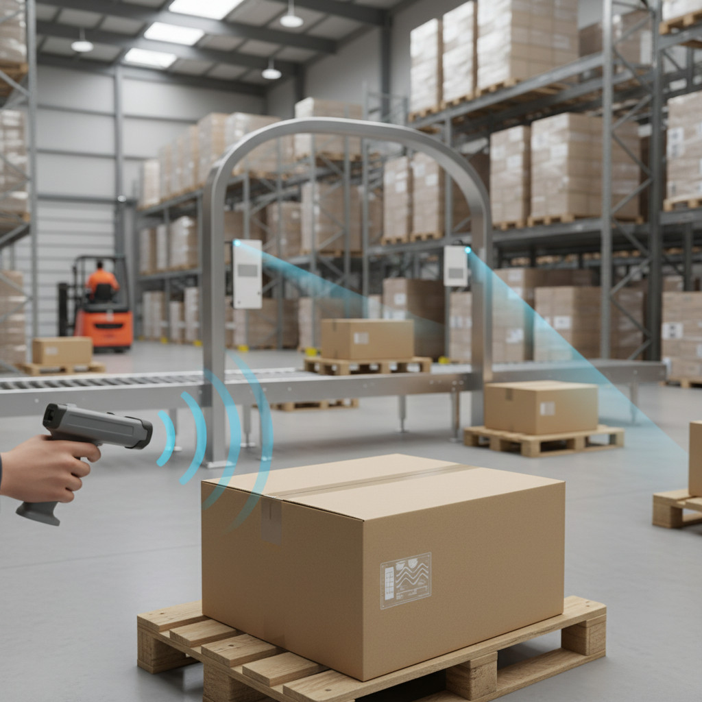 RFID labels on boxes in a warehouse