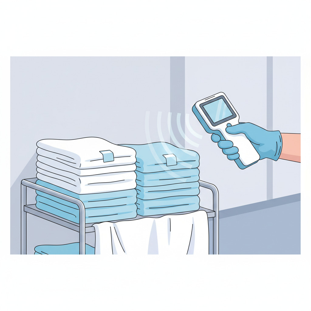Nurse scanning linen cart with handheld RFID reader