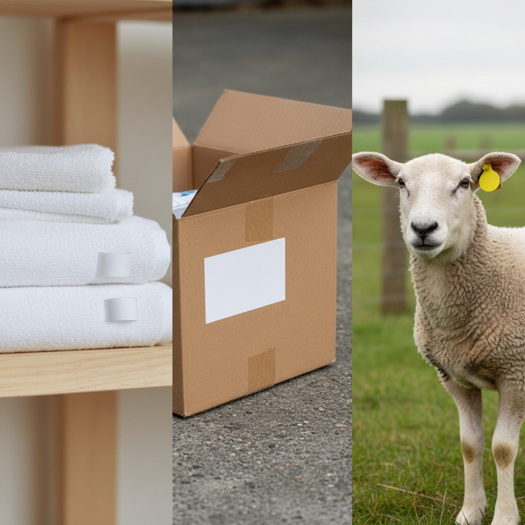 Close-up of RFID tags on folded towels, an adhesive label on a cardboard box, and an RFID ear tag on a sheep