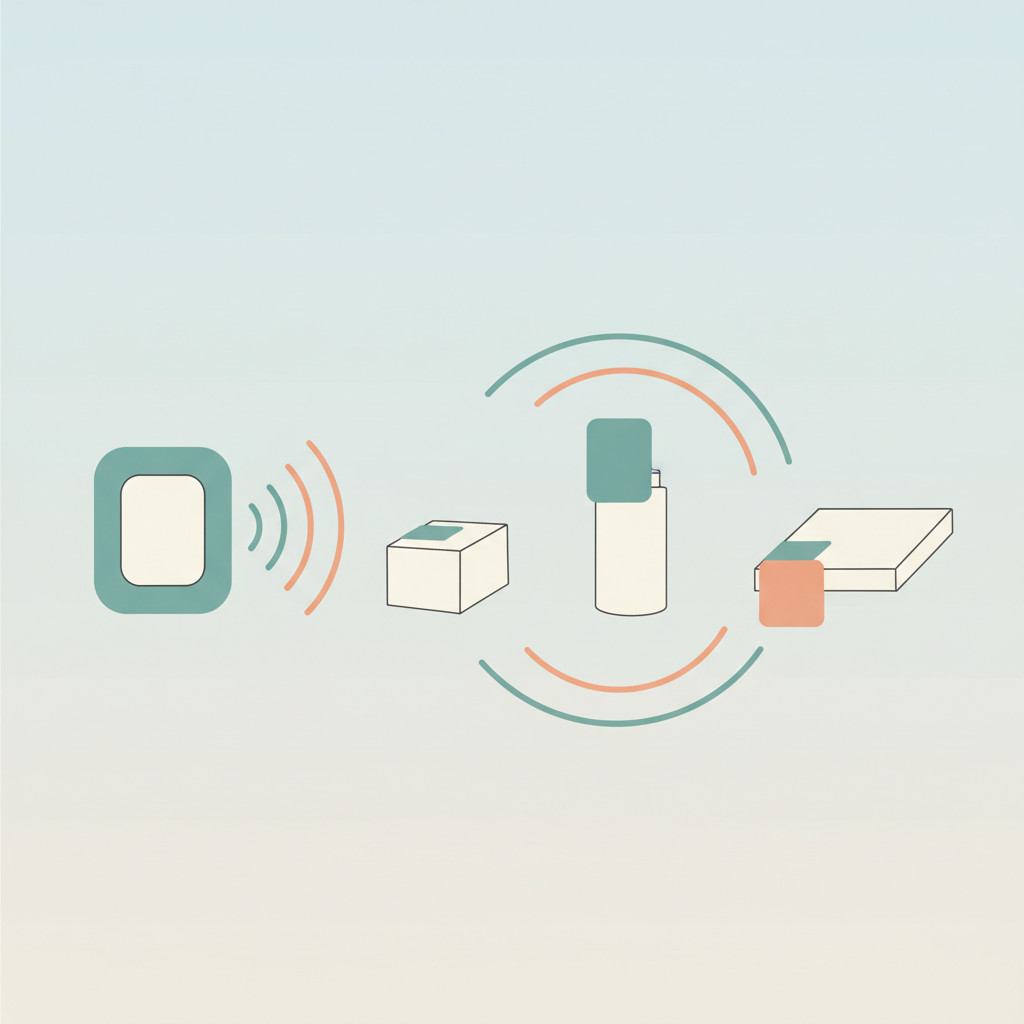 Illustration of RFID tags communicating with an RFID reader in an industrial setting