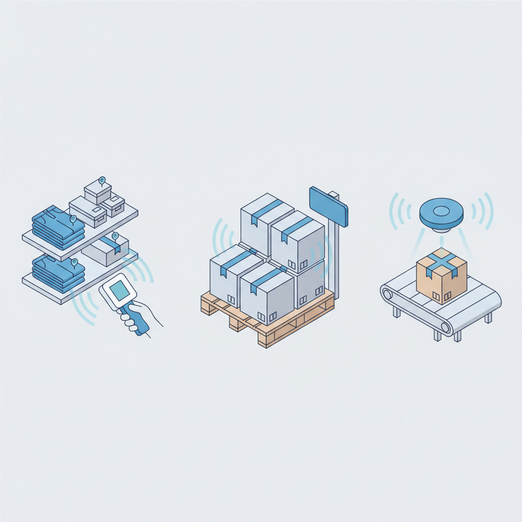 Illustration of RFID tags on retail items, boxes, and a parcel being wirelessly scanned by a reader.