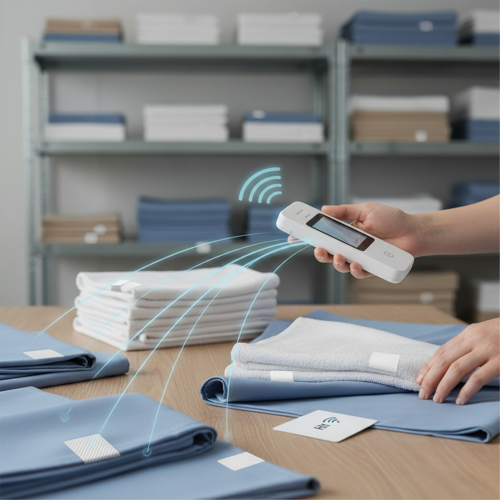 RFID labels sewn into linens and a smart card being scanned by a handheld reader