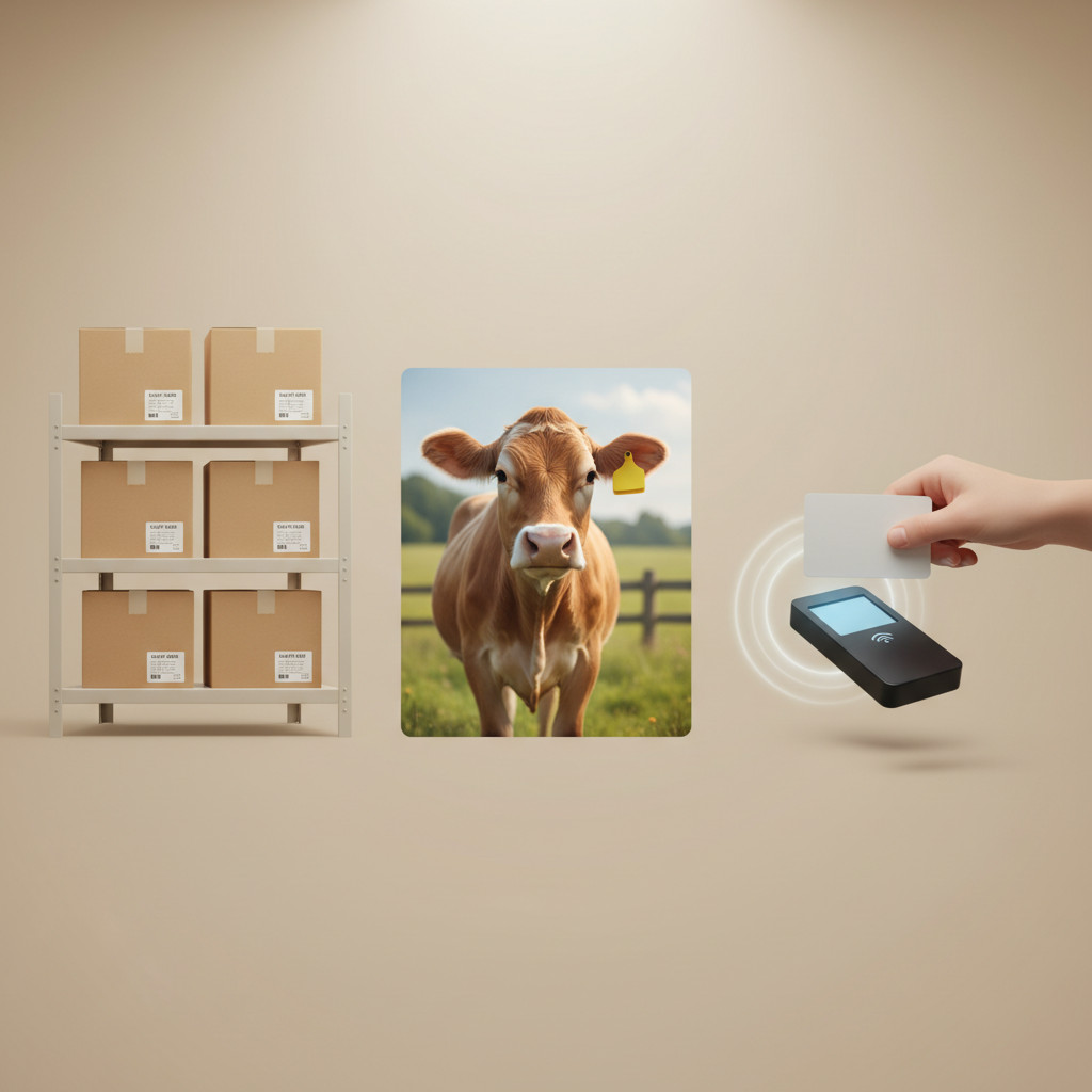 RFID uses: inventory boxes, animal ear tag and smart card scanning