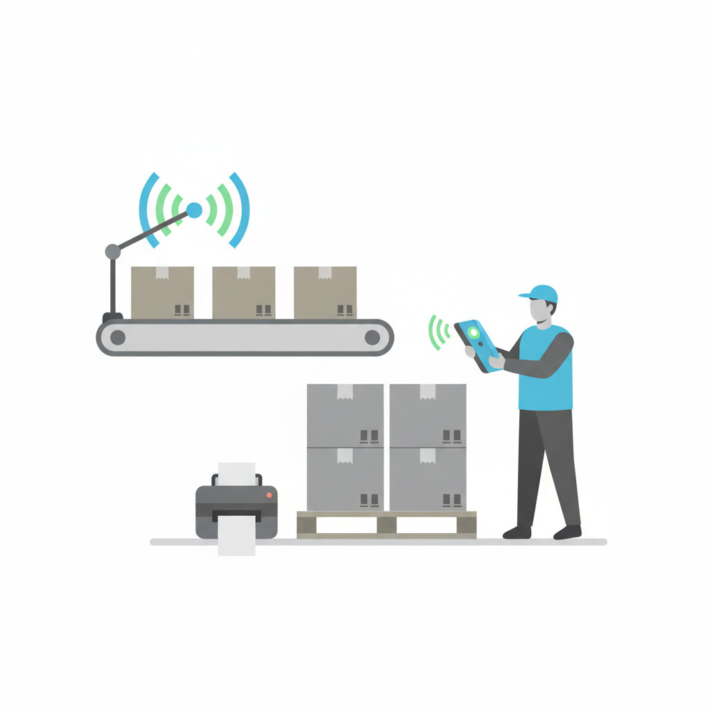 RFID warehouse illustration showing antenna over conveyor and technician with handheld reader