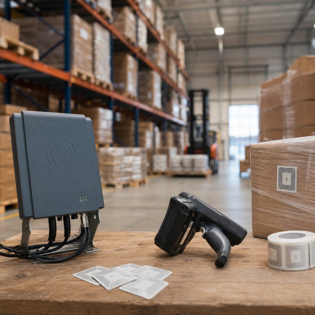 Technician inspecting RFID reader hardware and antenna connections
