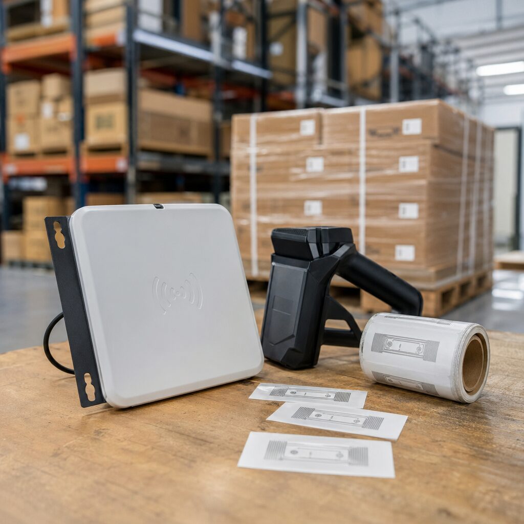 Technician adjusting settings on an RFID reader device in a warehouse environment