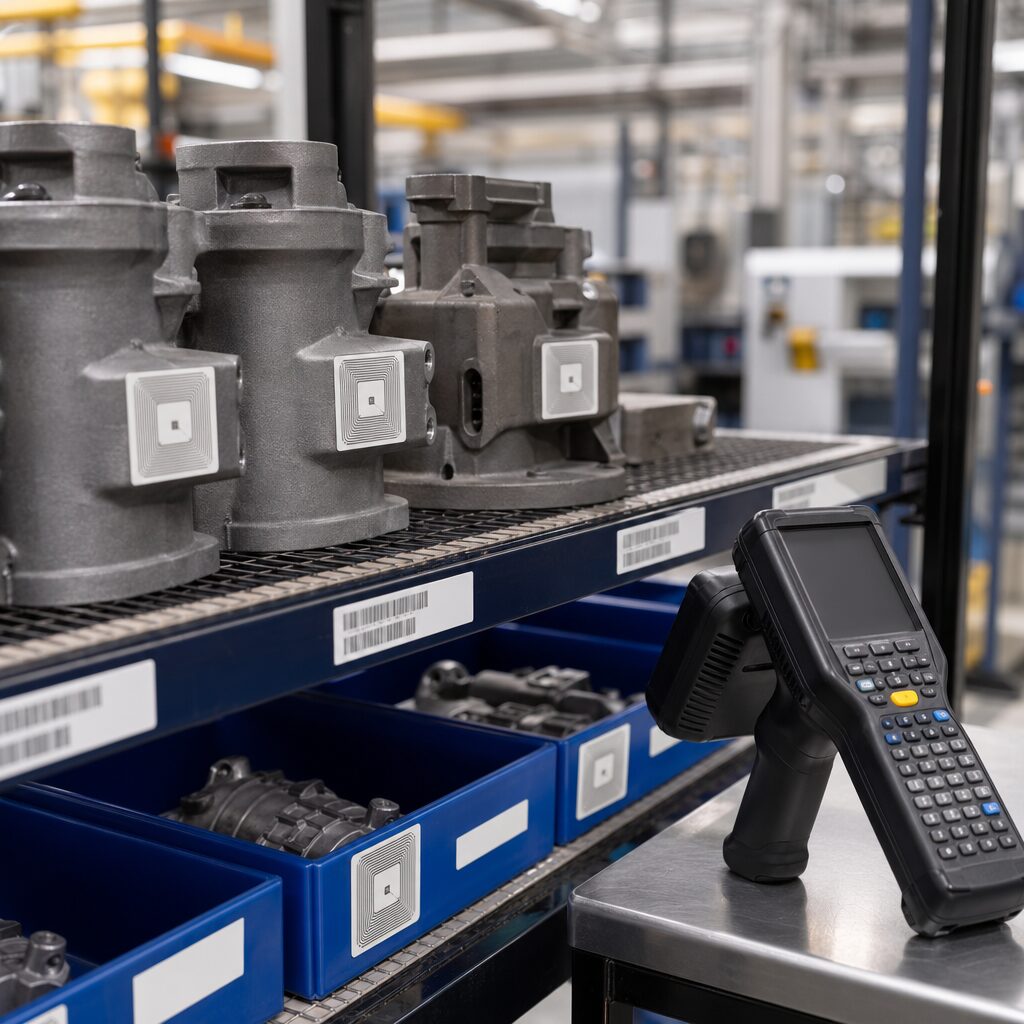 RFID tags being scanned in a warehouse for real-time asset tracking