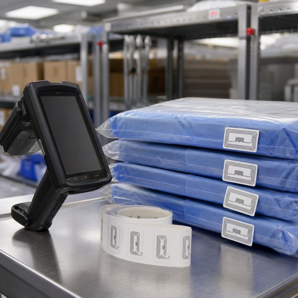 Healthcare professionals using RFID technology to track medical equipment and ensure patient safety