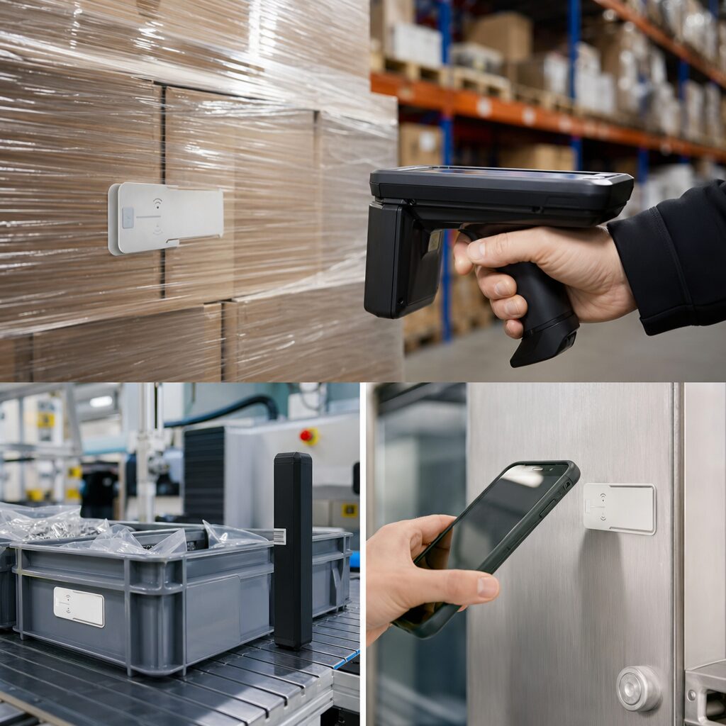 Comparison chart illustrating UHF and NFC RFID technologies for asset tracking