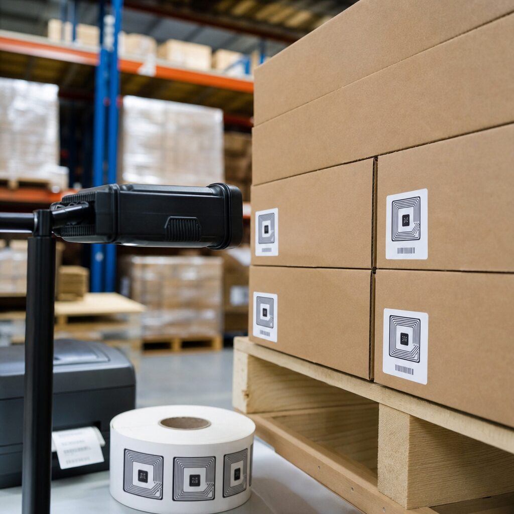 Logistics professional troubleshooting RFID tag read errors