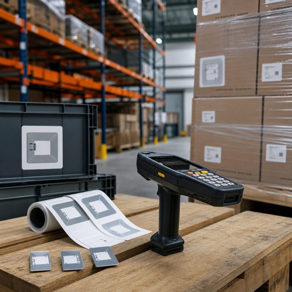Technician troubleshooting RFID system in a logistics warehouse