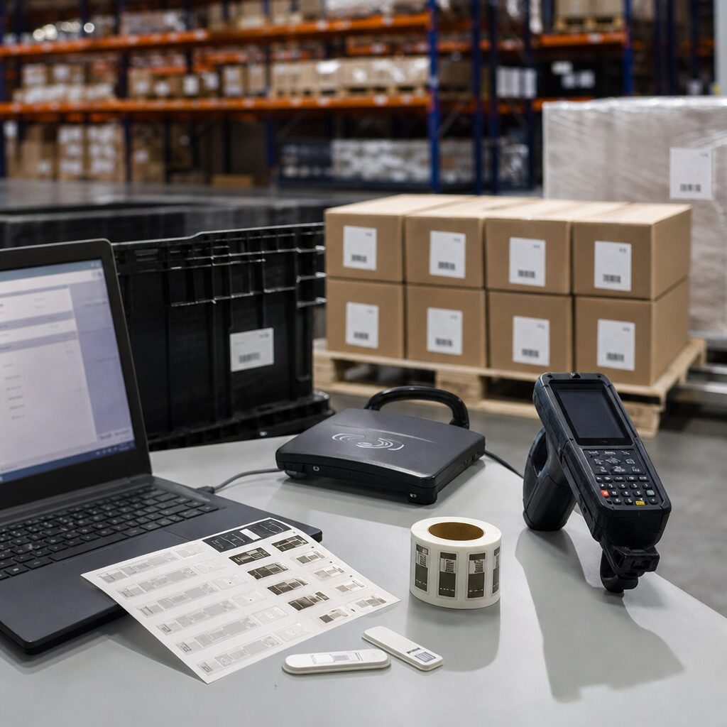 Technician adjusting RFID antenna in a dense warehouse environment