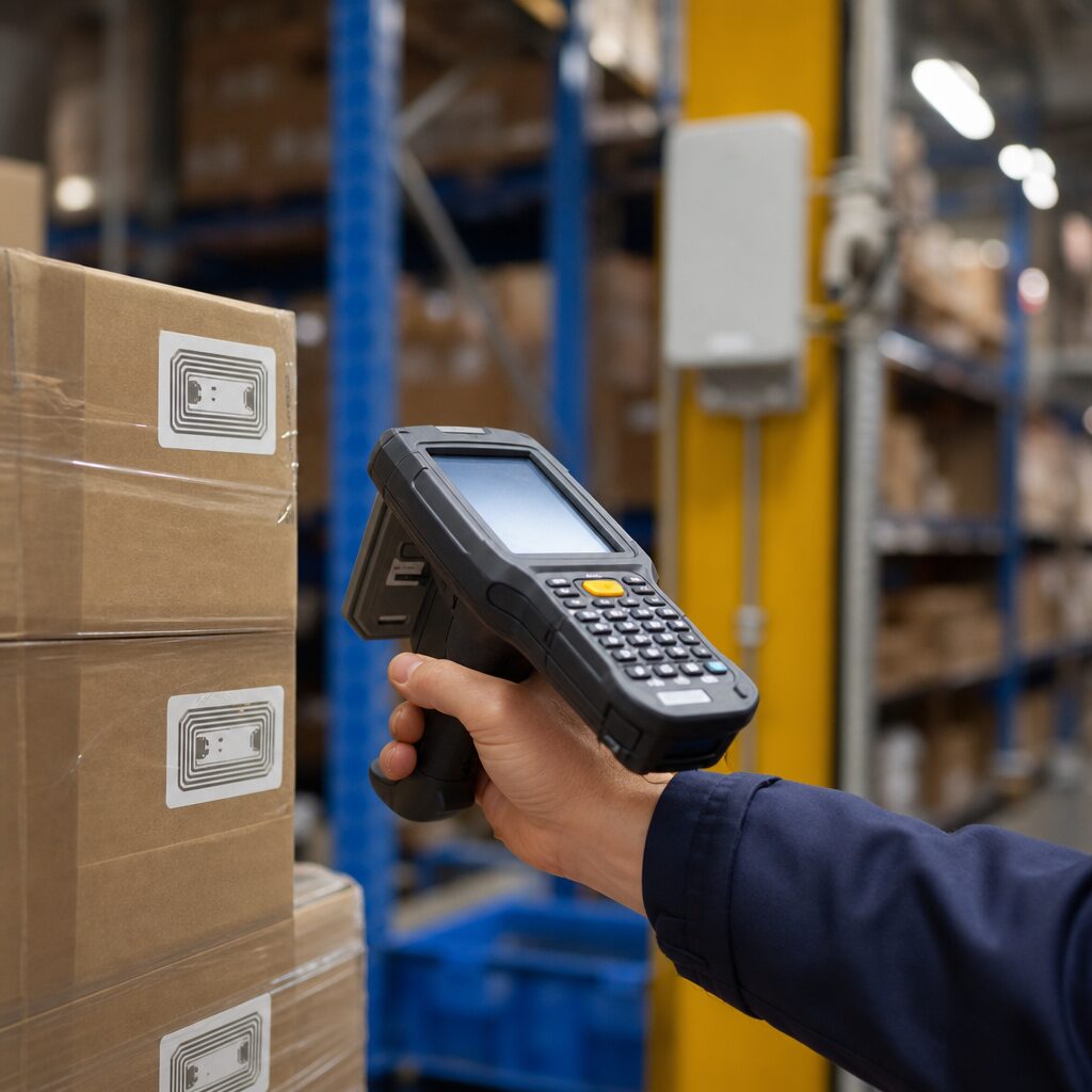 Technician configuring RFID reader in a high-density environment
