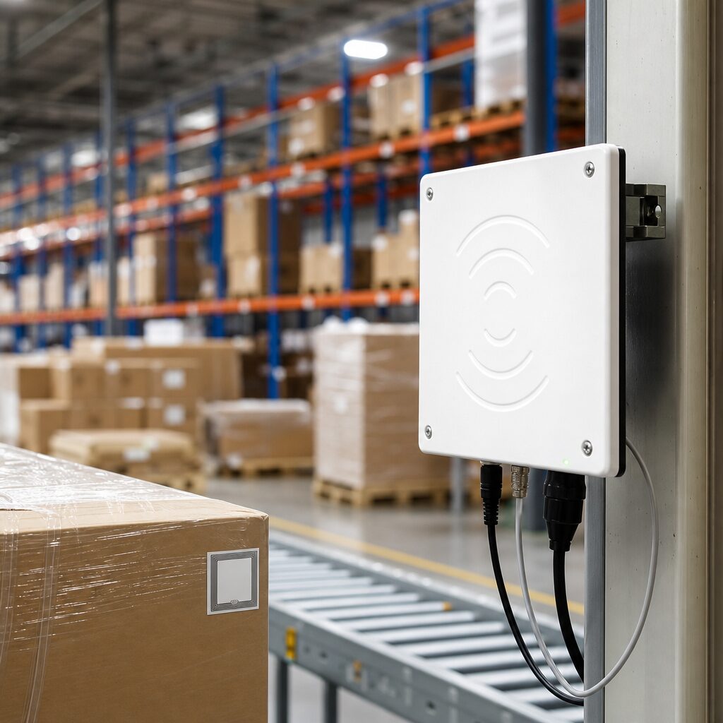 Technician adjusting UHF RFID reader antenna for optimal performance