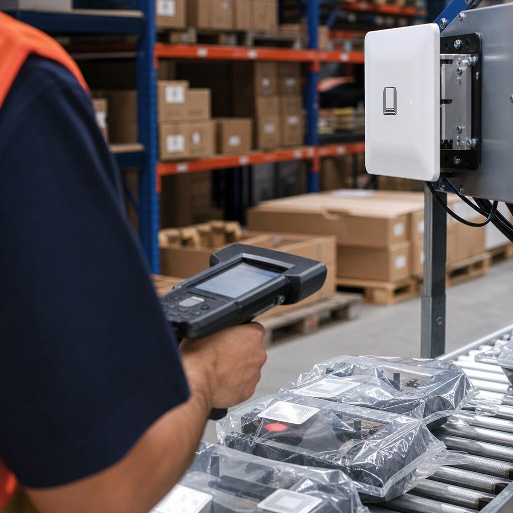 Technician inspecting RFID system setup in industrial environment