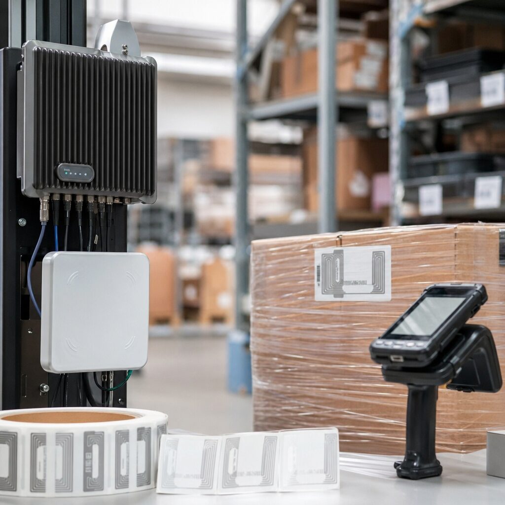 Comparison chart illustrating RAIN RFID and traditional UHF RFID performance metrics in logistics