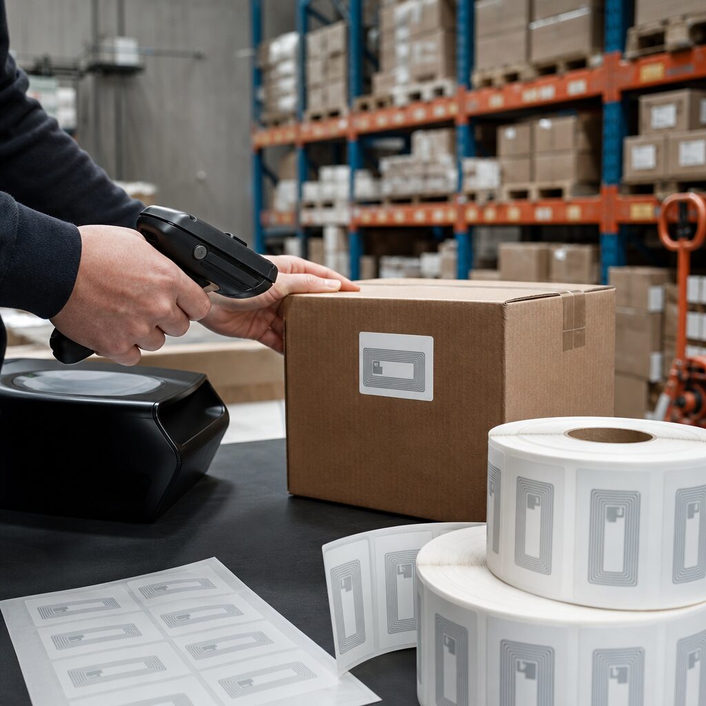Retail staff managing RFID tag encoding workflow