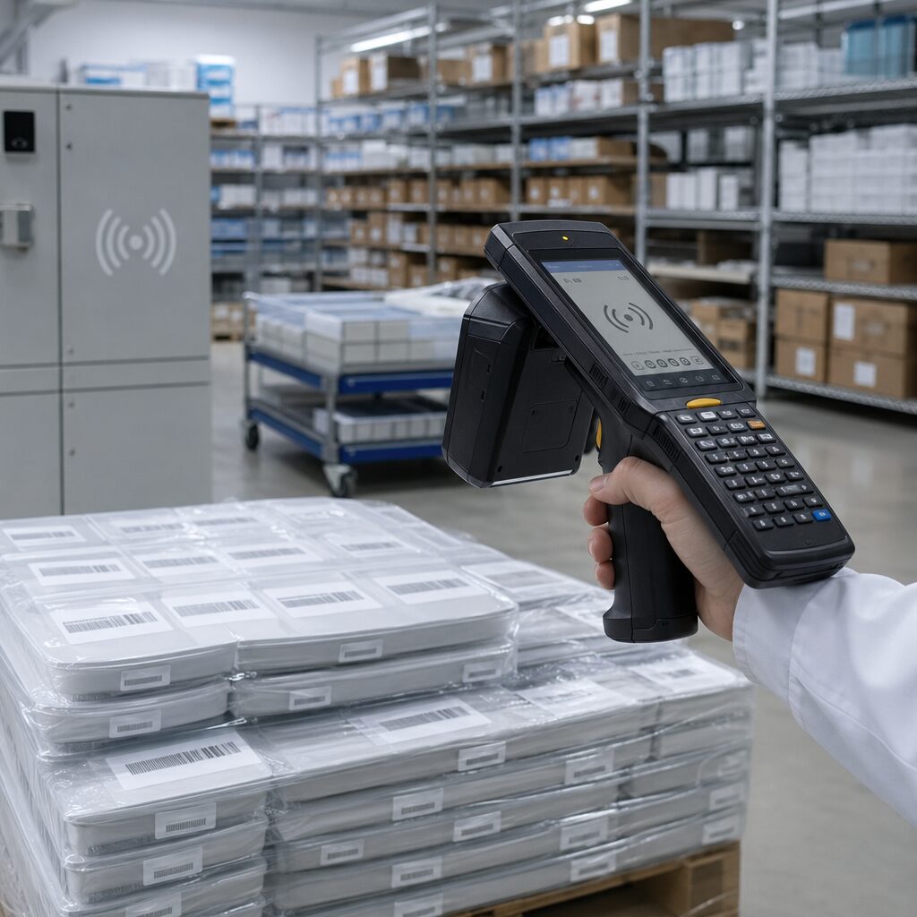 Healthcare professional managing RFID technology for patient and inventory tracking