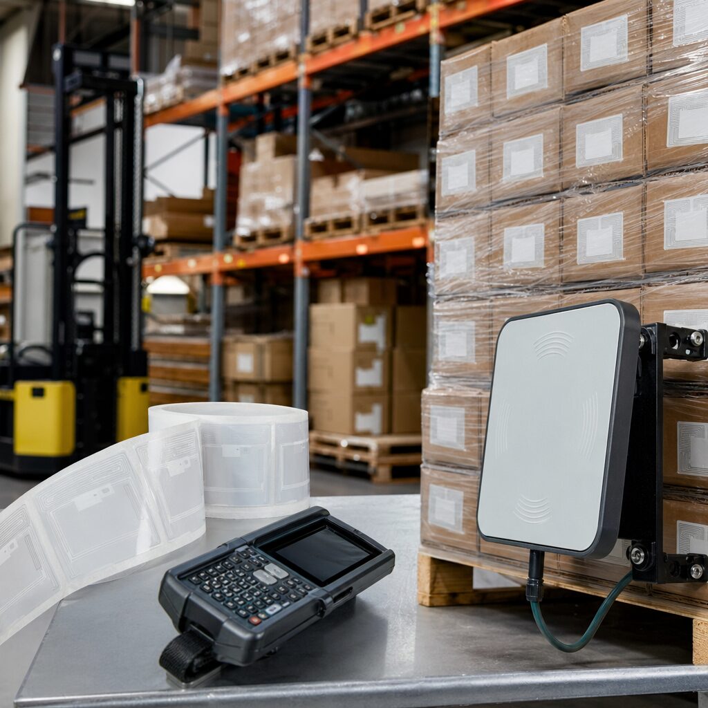 Diagram showing optimal RFID antenna placement and reader configuration in a retail store