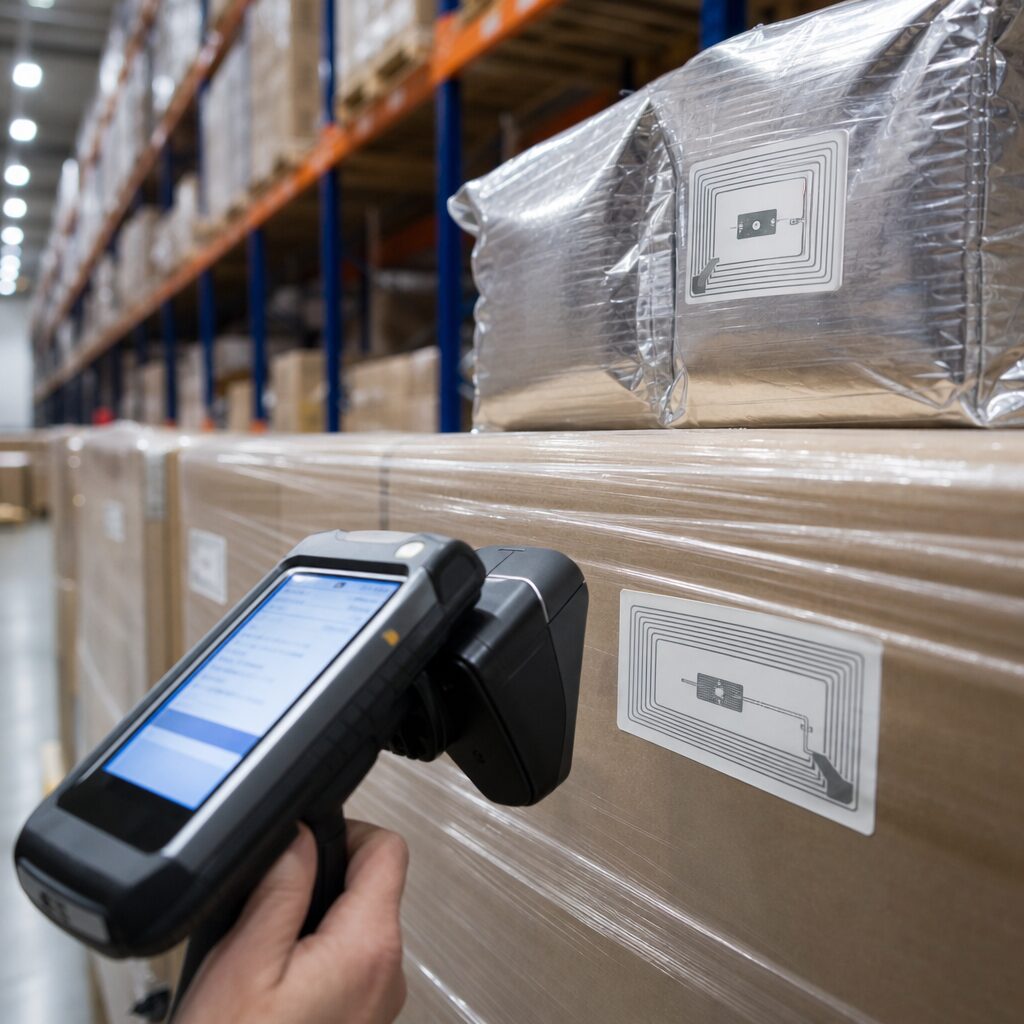RFID system setup in retail environment showing tag placement and readers