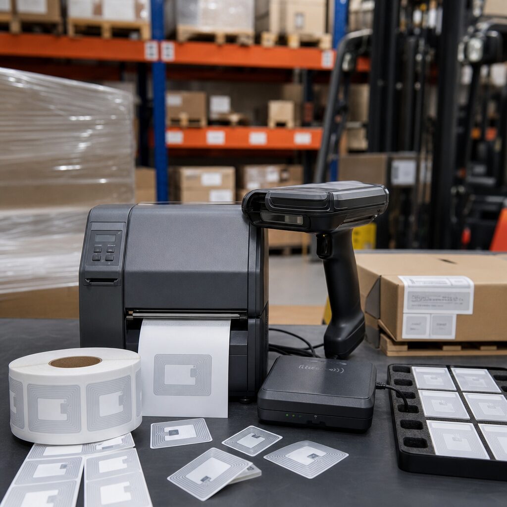 Logistics warehouse with RFID technology in use
