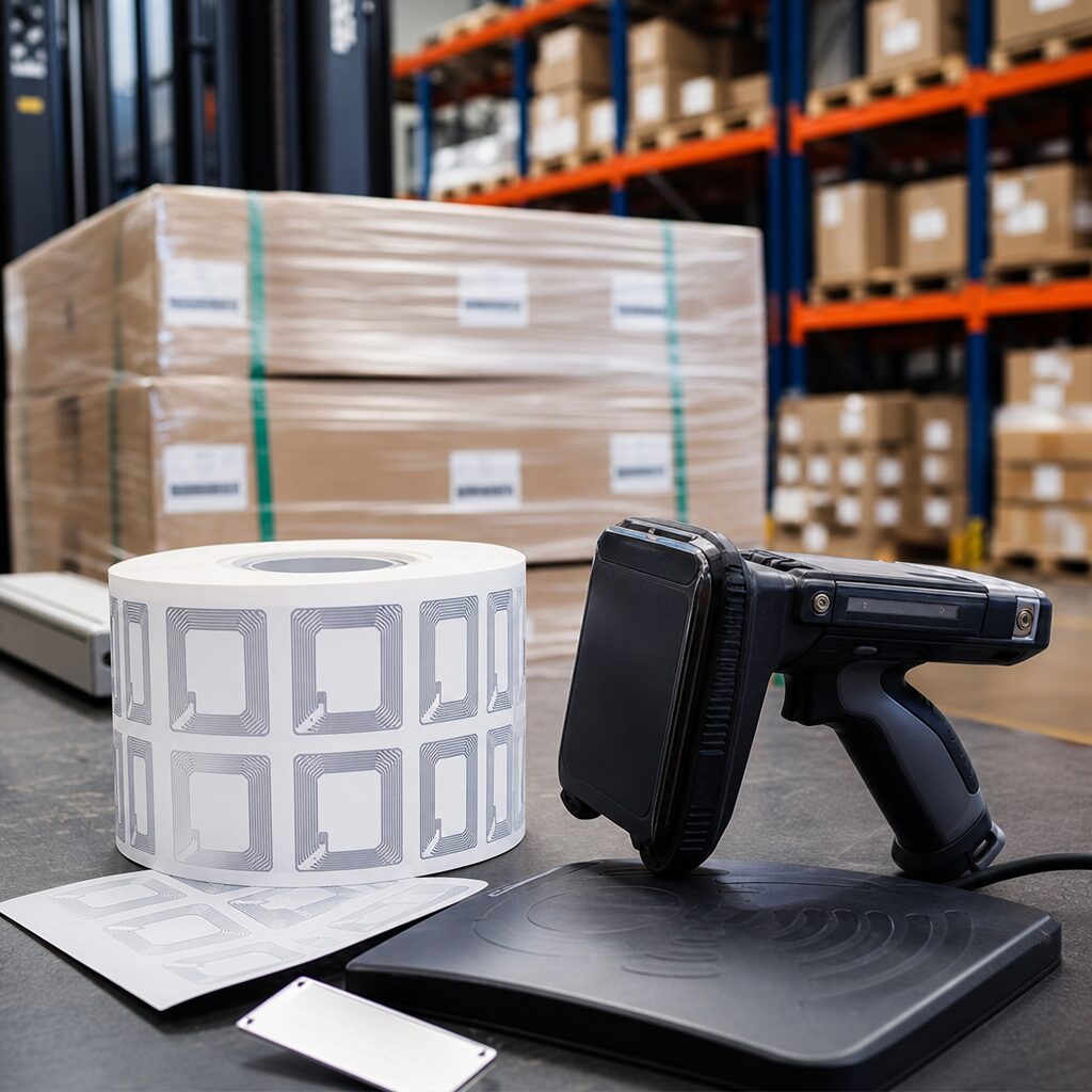 RFID reader scanning tags in an industrial warehouse environment