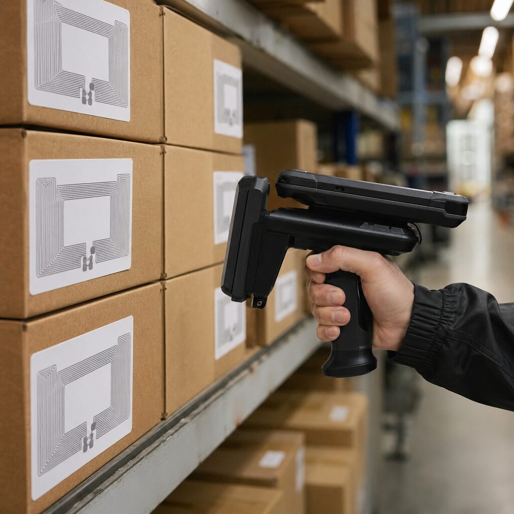 Technician inspecting UHF RFID reader setup in warehouse environment